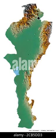 Shape of Cesar, department of Colombia, with its capital isolated on white background. Topographic relief map. 3D rendering Stock Photo