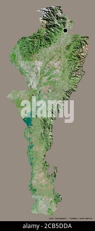 Shape of Cesar, department of Colombia, with its capital isolated on a solid color background. Satellite imagery. 3D rendering Stock Photo