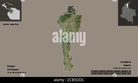Shape of Cesar, department of Colombia, and its capital. Distance scale, previews and labels. Satellite imagery. 3D rendering Stock Photo