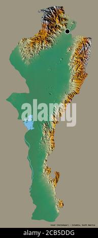 Shape of Cesar, department of Colombia, with its capital isolated on a solid color background. Topographic relief map. 3D rendering Stock Photo
