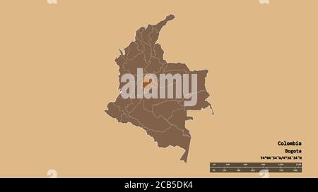 Desaturated shape of Colombia with its capital, main regional division and the separated Cundinamarca area. Labels. Composition of patterned textures. Stock Photo