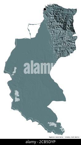 Shape of Magdalena, department of Colombia, with its capital isolated on white background. Colored elevation map. 3D rendering Stock Photo