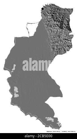 Shape of Magdalena, department of Colombia, with its capital isolated on white background. Bilevel elevation map. 3D rendering Stock Photo