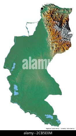Shape of Magdalena, department of Colombia, with its capital isolated on white background. Topographic relief map. 3D rendering Stock Photo