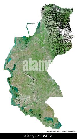 Shape of Magdalena, department of Colombia, with its capital isolated on white background. Satellite imagery. 3D rendering Stock Photo