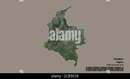 Desaturated shape of Colombia with its capital, main regional division and the separated Nariño area. Labels. Satellite imagery. 3D rendering Stock Photo