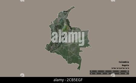 Desaturated shape of Colombia with its capital, main regional division and the separated Santander area. Labels. Satellite imagery. 3D rendering Stock Photo