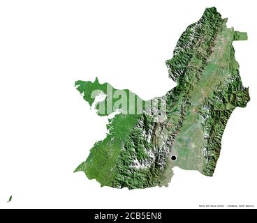 Shape of Valle del Cauca, department of Colombia, with its capital isolated on white background. Satellite imagery. 3D rendering Stock Photo