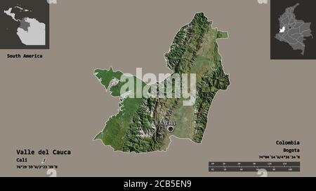 Shape of Valle del Cauca, department of Colombia, and its capital. Distance scale, previews and labels. Satellite imagery. 3D rendering Stock Photo