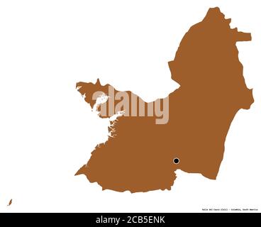 Shape of Valle del Cauca, department of Colombia, with its capital isolated on white background. Composition of patterned textures. 3D rendering Stock Photo