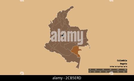 Desaturated shape of Colombia with its capital, main regional division and the separated Vaupés area. Labels. Composition of patterned textures. 3D re Stock Photo