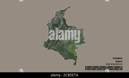 Desaturated shape of Colombia with its capital, main regional division and the separated Vaupés area. Labels. Satellite imagery. 3D rendering Stock Photo