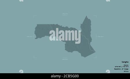 Area of Sangha, region of Republic of Congo, isolated on a solid background in a georeferenced bounding box. Labels. Colored elevation map. 3D renderi Stock Photo