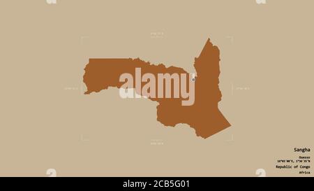 Area of Sangha, region of Republic of Congo, isolated on a solid background in a georeferenced bounding box. Labels. Composition of patterned textures Stock Photo