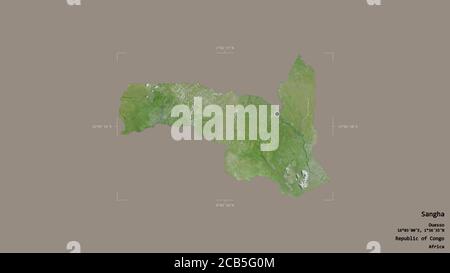 Area of Sangha, region of Republic of Congo, isolated on a solid background in a georeferenced bounding box. Labels. Satellite imagery. 3D rendering Stock Photo