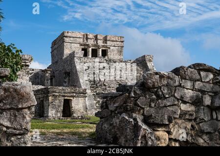 El Castillo or the Castle is the largest temple in the ruins of the Mayan city of Tulum on the coast of the Caribbean Sea.    Tulum National Park, Qui Stock Photo