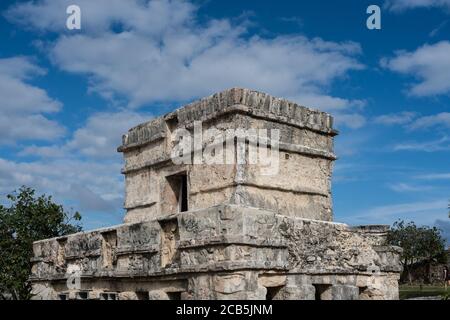 The Temple of the Frescos in the ruins of the Mayan city of Tulum on the coast of the Caribbean Sea.    Tulum National Park, Quintana Roo, Mexico. Stock Photo
