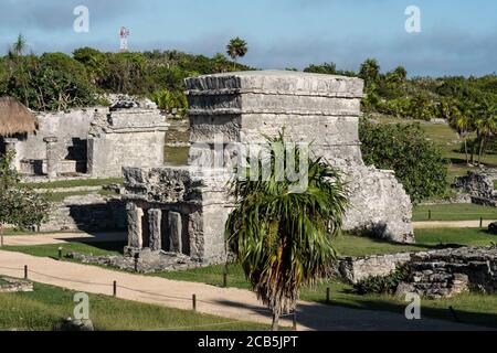 The Temple of the Frescos in the ruins of the Mayan city of Tulum on the coast of the Caribbean Sea.    Tulum National Park, Quintana Roo, Mexico. Stock Photo