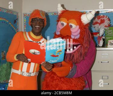 LOS ANGELES - MAR 1:  Lance Robertson, DJ Lance Rock, Yo Gabba Gabba Characters at the Read Across America Event at the Ardella B. Tibby K – 8 School on March 1, 2019 in Compton, CA Stock Photo
