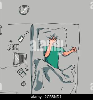 vector of annoyed people cover their faces with pillows, on the mattress Stock Vector