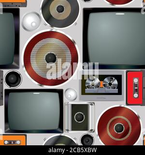Retro audio-video equipment. Seamless pattern. Analog media technology of the past. Collection of vintage equipment a TV and cassette recorders Stock Vector