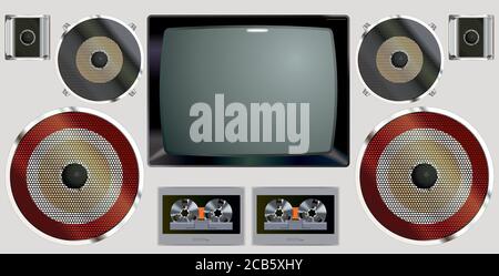 Retro audio-video equipment. Vintage equipment televisions and cassette recorders. Collection of vintage equipment a TV and cassette recorders Stock Vector