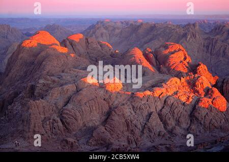 Early morning view from the top of Mount Moses at Sinai mountains in Egypt; delightful sunrise with the first rays of the sun on the rocks and the fig Stock Photo