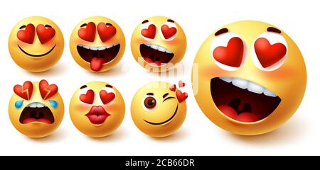 Emoji valentines vector set. Smiley emojis yellow face in heart eyes with different facial expression like in love, kiss, broken, blush and crazy Stock Vector