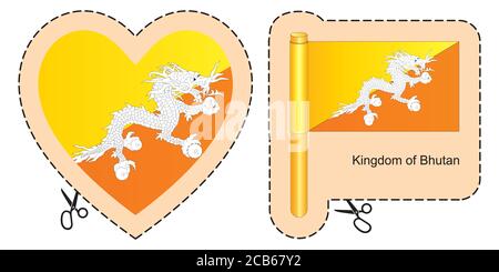 Flag of Bhutan. Vector cut sign here, isolated on white. Can be used for design, stickers, souvenirs. Stock Vector