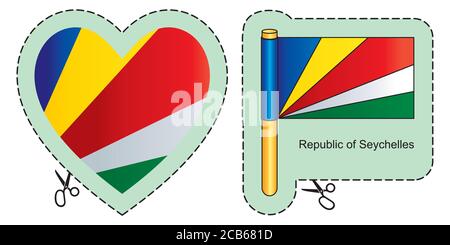 Flag of Seychelles. Vector cut sign here, isolated on white. Can be used for design, stickers, souvenirs. Stock Vector