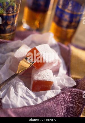 Turkish Delight speared on a fork Stock Photo