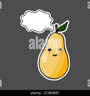 Kawaii sticker colorful cartoon pear with thought bubble. Vector illustration isolated on dark background. Stock Vector