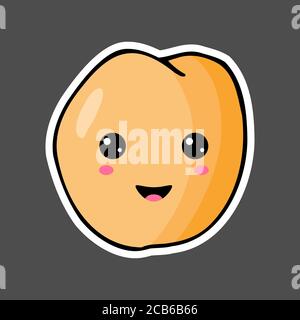 Kawaii colorful cartoon peach sticker. Vector illustration isolated on dark background. Stock Vector