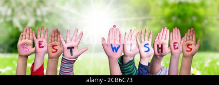 Children Hands Building Word Best Wishes, Grass Meadow Stock Photo