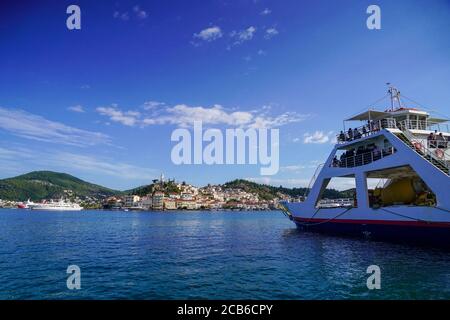 the harbour at Poros is a small Greek island-pair in the southern part of the Saronic Gulf, Greece