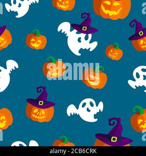 Seamless pattern with spooky ghosts and illuminated carved pumpkins for Halloween. Vector illustration in blue background. Vector illustration Stock Vector