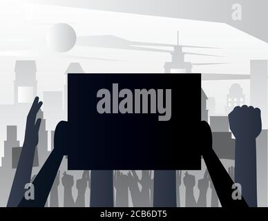 hands people protesting lifting banners silhouettes on the city vector illustration design Stock Vector