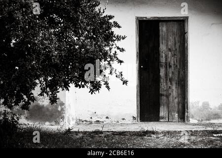 Landscape gray scale shot of a worn out building door Stock Photo