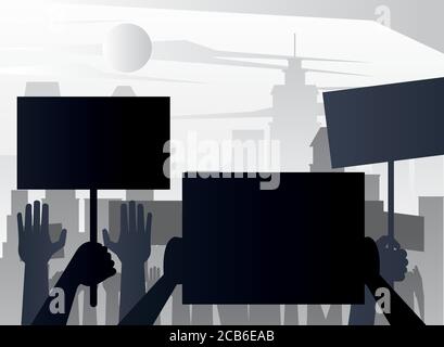 people protesting lifting banners silhouettes on the city vector illustration design Stock Vector