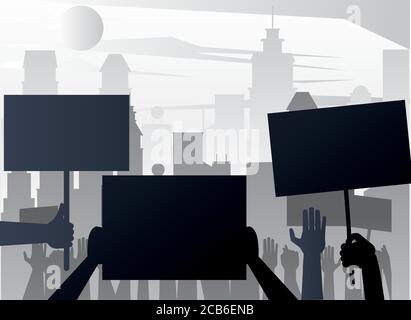 people hands protesting lifting banners silhouettes on the city vector illustration design Stock Vector
