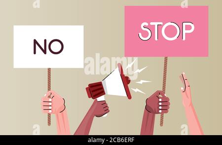 interracial hands people protesting lifting banners and megaphone vector illustration design Stock Vector