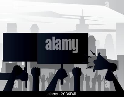 people hands protesting lifting banners and megaphone silhouettes on the city vector illustration design Stock Vector