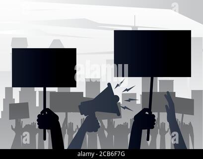 people protesting lifting banners and megaphone silhouettes on the city vector illustration design Stock Vector