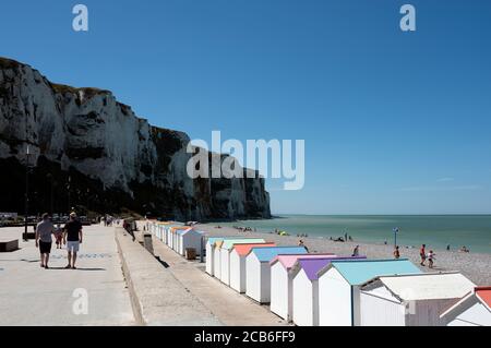 beach and huts at Le Tréport in french normandy on hot summer day Stock Photo