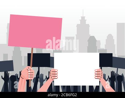 people hands protesting lifting banners empty on the city vector illustration design Stock Vector