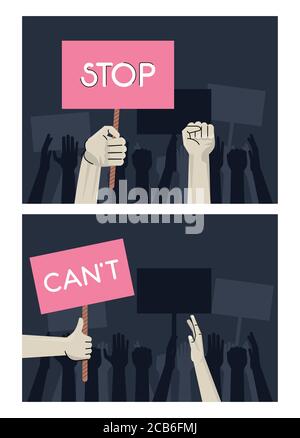 hands people protesting lifting banners with stop and cant words scenes vector illustration design Stock Vector