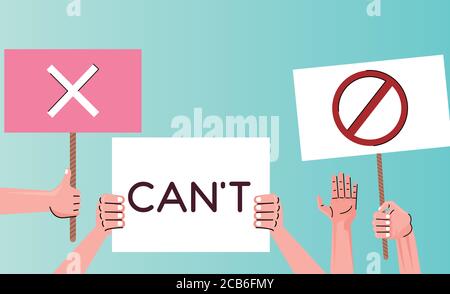 hands people protesting lifting banners with cant word and stop symbol vector illustration design Stock Vector