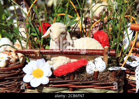 easter background with small sheep in the spring nature Stock Photo