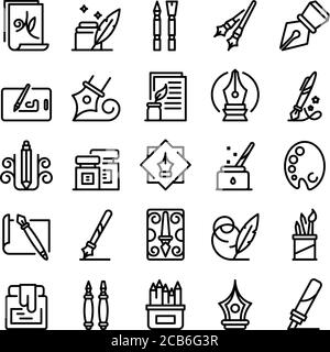 Calligraphy tools icons set, outline style Stock Vector