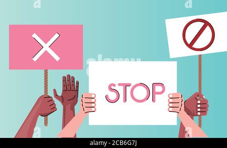 interracial hands people protesting lifting banners vector illustration design Stock Vector